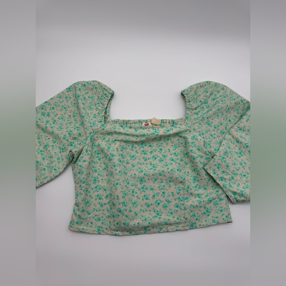 Levi's Women's Yvie Puff 3/4 Sleeve Cropped Blouse - Electric Green Floral NWT - Picture 8 of 11